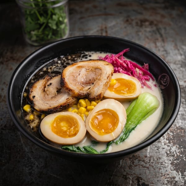 Ramen bowl with pork belly, soft-boiled eggs, corn, bok choy, and pickled cabbage.