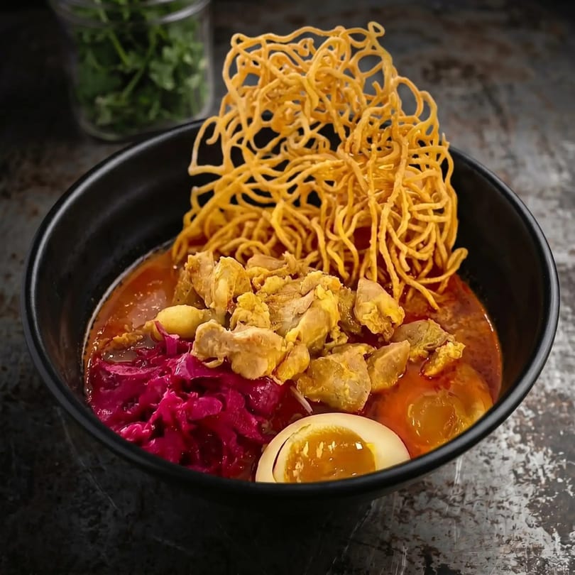 A black bowl of Khao Soi with chicken, crispy noodles, pickled cabbage, and a soft-boiled egg.