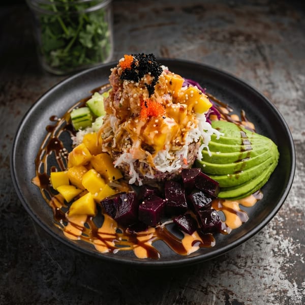 Colorful poke bowl with mango, avocado, beets, and a creamy sauce, topped with caviar.