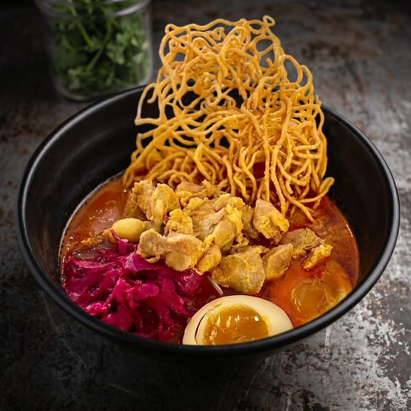 Close-up of a black bowl filled with Khao Soi, topped with crispy noodles, chicken, and egg.
