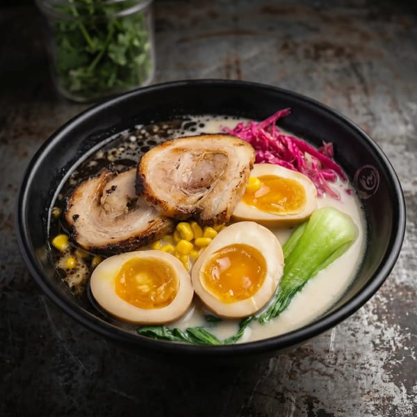 Black bowl of ramen with pork, soft-boiled eggs, corn, bok choy, and red cabbage.